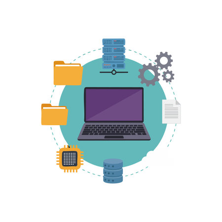 Vector image shows laptop with data servers folders gears and microchip symbolizing technology and data management in flat design style calmのイラスト素材
