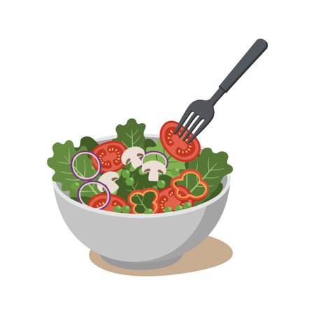 This vector illustration shows a fresh vegetable salad with tomatoes, mushrooms, onions, and leafy greens in a white bowl with a fork. Healthy and appetizing mood.のイラスト素材