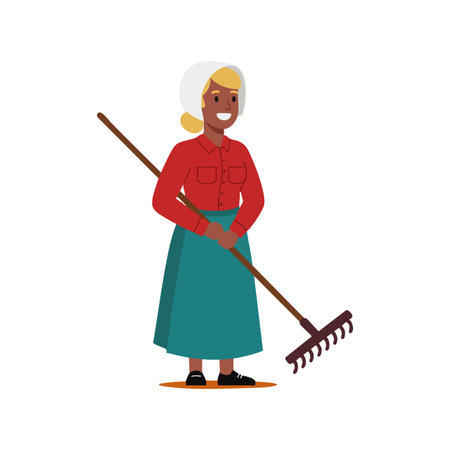 Illustration of an elderly woman smiling while holding a garden rake, dressed in red and teal clothing, standing confidently. Cheerful mood.のイラスト素材