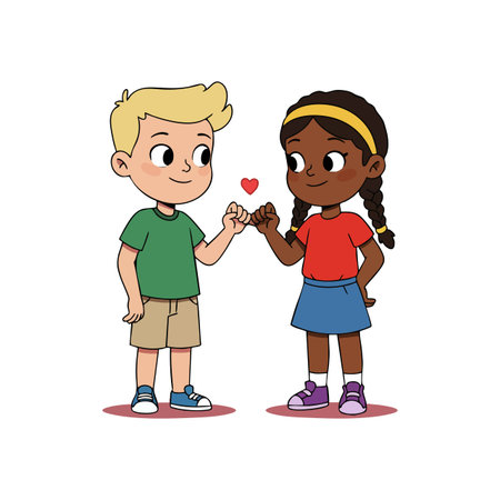 Two children making a pinky promise with a small heart above them, expressing trust and friendship in a colorful cartoon style. Cheerful mood.のイラスト素材