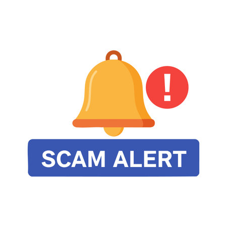 This vector shows a yellow notification bell with a red exclamation mark symbol and scam alert text in blue, representing warning and caution. Alerting mood.のイラスト素材