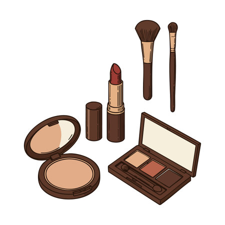 Vector illustration of a makeup cosmetic set featuring lipstick, powder compact, eyeshadow palette, and brushes in brown shades. Artistic and elegant.のイラスト素材