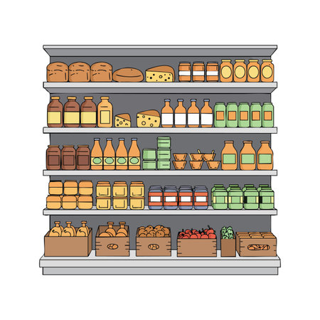 Vector illustration shows a grocery shelf stocked with bread, dairy products, vegetables, and jars, arranged neatly for shopping convenience and clarity. Calm.のイラスト素材