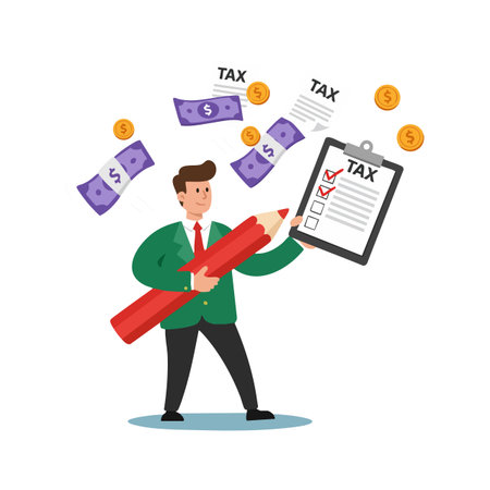 Businessman holding large red pencil checks tax form as money bills and coins float around in white background, symbolizing tax payment responsibility. professionalのイラスト素材