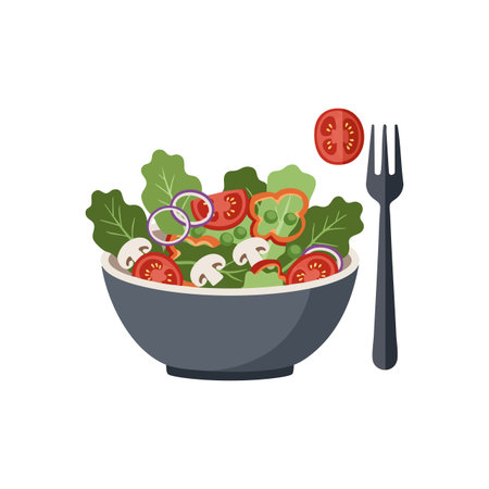 This vector shows a fresh vegetable salad bowl with tomatoes, mushrooms, leafy greens, and a fork, symbolizing healthy eating and nutrition. Inviting mood.のイラスト素材