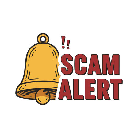 This vector shows a yellow alert bell with red exclamation marks and bold scam alert text, symbolizing fraud warning and security awareness, urgent mood.のイラスト素材