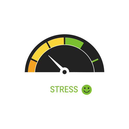 Vector illustration of a stress meter indicating low stress with green and yellow colors and a smiley face symbolizing calm mood.のイラスト素材