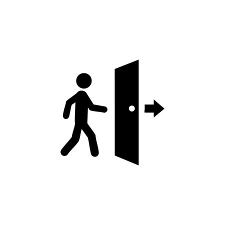 Vector icon showing a person walking through an open door with an exit arrow, representing exit or leaving action, simple and clear.のイラスト素材