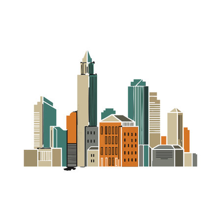 Vector illustration shows a city skyline with various modern buildings in muted green and orange colors, creating a calm urban atmosphere.のイラスト素材