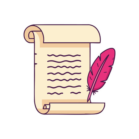 This vector shows a vintage scroll parchment accompanied by a pink feather quill pen symbolizing classic writing tools in a clean style, elegant mood.のイラスト素材