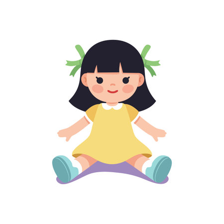 Vector image shows a cute little girl sitting with black hair, yellow dress, green ribbons, and blue shoes in a playful and happy mood.のイラスト素材