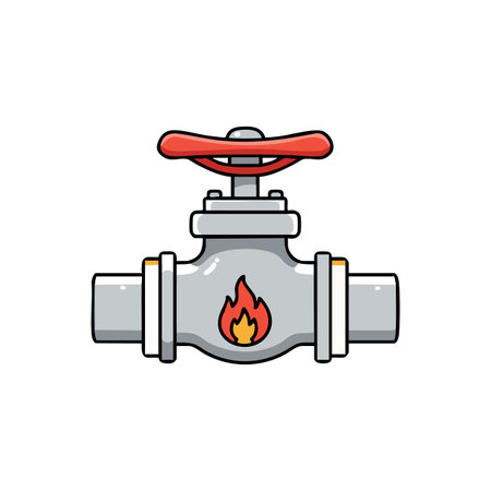 Vector image shows a gas valve with a red handle and flame symbol for controlling gas flow in pipelines, symbolizing safety and utility. Calm.のイラスト素材