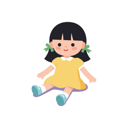 Vector illustration of a cute little girl doll with black hair, yellow dress, blue shoes, and green hair ribbons sitting peacefully, cheerful mood.のイラスト素材