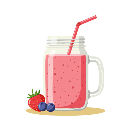 This vector shows a strawberry blueberry smoothie in a transparent glass jar with a handle and pink straw, presented on a white background, fresh and colorful. Refreshing.のイラスト素材