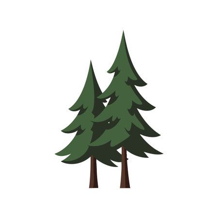 Illustration shows two pine trees with dark green needles and brown trunks in a clean vector style, suitable for nature and forest projects. Calm.のイラスト素材