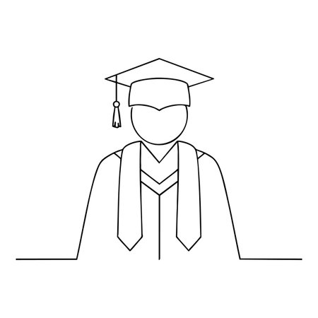 Minimalist single line drawing of graduate with cap and gown representing education and success in academic achievement, simple and clear design, calm mood.のイラスト素材