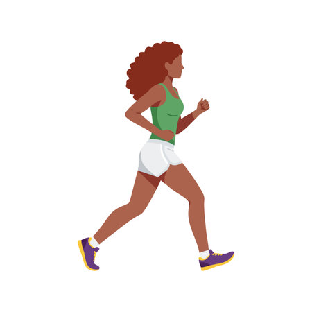 Woman runs outdoors wearing green tank top and white shorts, showing active fitness and jogging lifestyle in a vector style. Energetic mood.のイラスト素材
