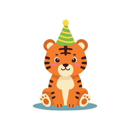 Illustration shows a cute tiger cub wearing a green and yellow party hat sitting on a blue circle. The image is playful and cheerful.のイラスト素材