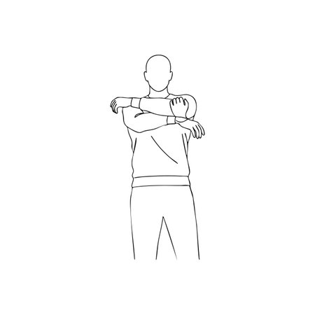 Illustration shows a male figure stretching his arms forward using a minimal line art style with clear outlines, creating a calm and focused mood.のイラスト素材