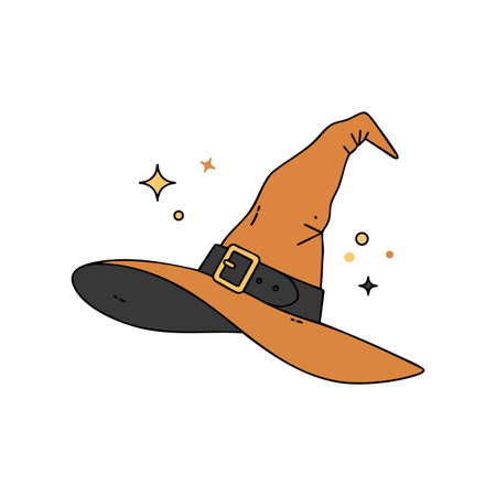 Vector image shows an orange witch hat with black buckle and magical sparkles, perfect for spooky Halloween themes, mystical and fun mood.のイラスト素材