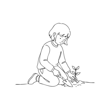 This vector shows a child kneeling and planting a small tree sapling in soil using a trowel, promoting nature care and growth, calm mood.のイラスト素材