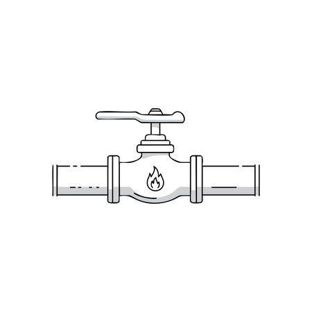 Vector image shows a gas valve with handle on a pipeline marked with flame symbol for fuel control, presented in clean line art style, technical and precise.のイラスト素材