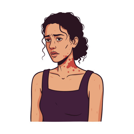 Illustration of a woman with curly hair displaying red skin rash on neck and face, looking worried and uncomfortable, medical theme. Calm mood.のイラスト素材