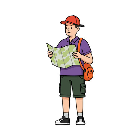 Illustration shows a young man in casual clothes reading a map with focus and curiosity in a clear bright setting. Cheerful mood.のイラスト素材