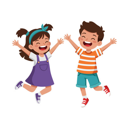 Two children jump happily with arms raised, expressing joy and excitement in a playful moment, colorful and cheerful mood.のイラスト素材