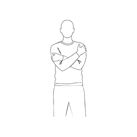 Vector line art shows a male figure standing with arms crossed in a casual pose using clean minimalistic style, conveying calm mood.のイラスト素材