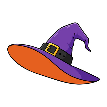 Illustration of a witch hat with a purple cone and orange brim, accented by a black belt and gold buckle, perfect for Halloween themes. Spooky and festive mood.のイラスト素材