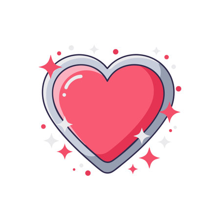 This vector shows a red heart with a silver border surrounded by sparkling stars, representing love and romance in a clean, modern style, cheerful.のイラスト素材