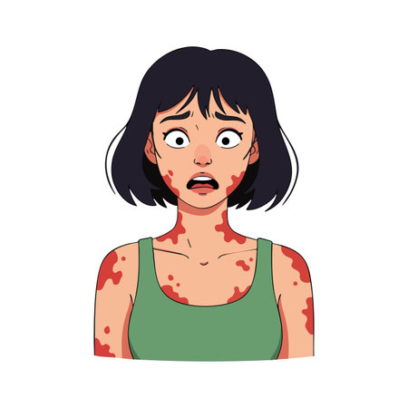 Illustration shows a young woman with red skin rash and anxious face wearing a green tank top in portrait orientation. Emotional and concerned.のイラスト素材