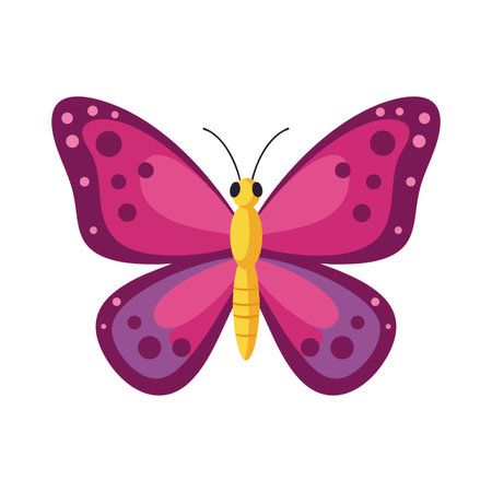 Vector illustration of a butterfly with vibrant pink and purple wings and yellow body. Bright colors and clean style create cheerful mood.のイラスト素材