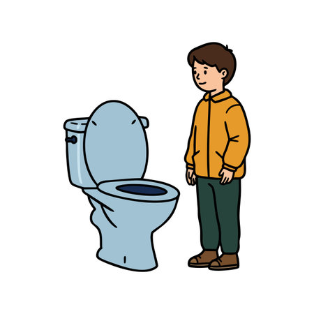 Illustration shows a boy in orange jacket standing next to an open toilet seat, gazing inside with curiosity in a clean style, calm mood.のイラスト素材