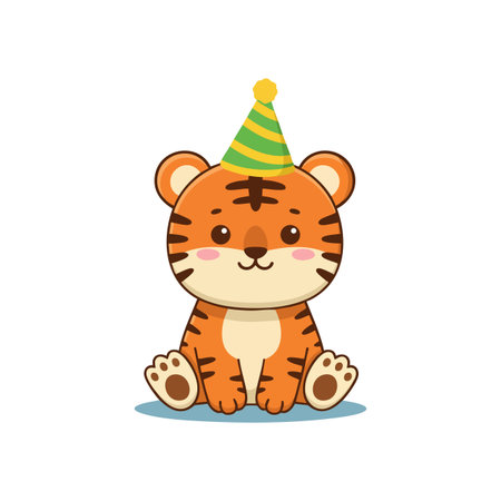 This vector shows a cute tiger cub with a party hat sitting and smiling happily, creating a joyful and playful mood.のイラスト素材