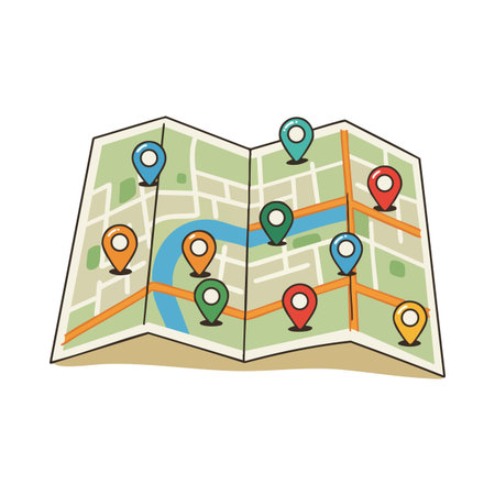 This vector image shows a folded map with multi-colored pins marking various locations along streets...