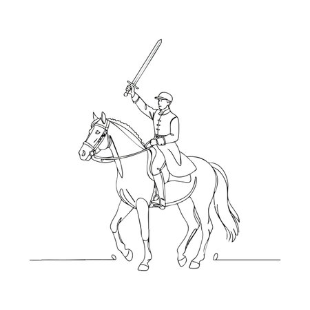This vector shows a mounted soldier holding a sword upright in a battle-ready pose with precise line work and clear details. Bold.のイラスト素材