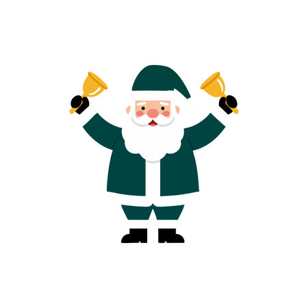 Santa Claus dressed in green rings two golden bells joyfully, symbolizing holiday cheer and winter celebration, cheerful mood.のイラスト素材