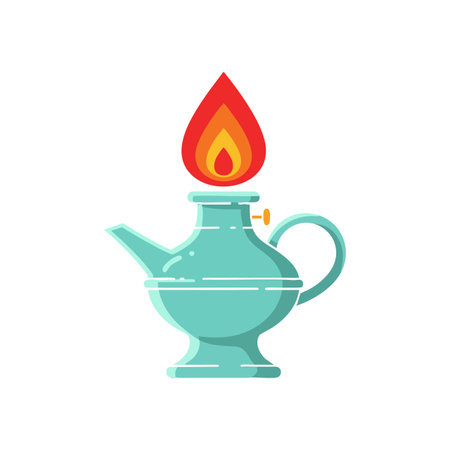 Illustration shows a vintage oil lamp with a bright flame glowing in red and orange shades. The design is clean and simple, bright.のイラスト素材