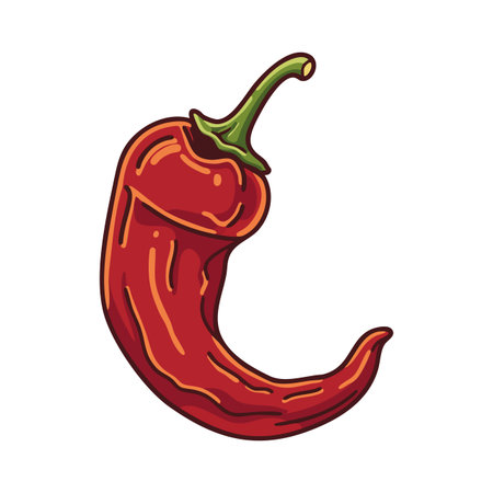 Vector image of a red chili pepper with a green stem, showing casing spicy vegetable design in a simple, bold style. Bright and vivid mood.のイラスト素材