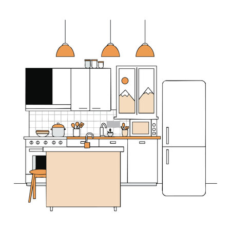 Vector illustration showing modern kitchen with white cabinets, orange pendant lights, and appliances in clean minimal style, bright and cozy mood.のイラスト素材