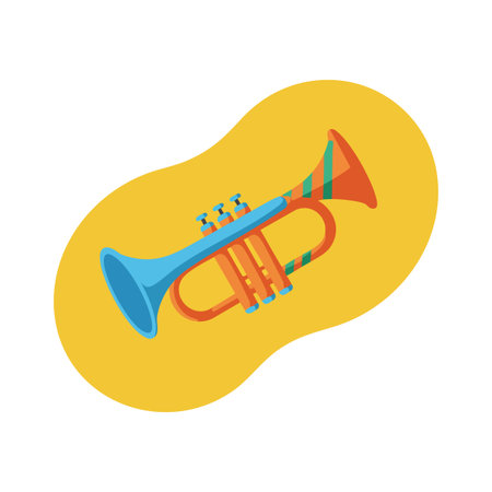 Vector illustration shows a trumpet with blue bell and orange body on yellow background in flat style. Bright and playful.のイラスト素材
