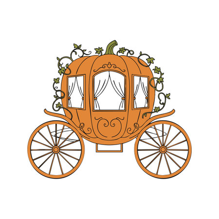 This vector illustration shows a whimsical pumpkin carriage with detailed windows and twisting vines, evoking fairy tale charm and fantasy mood.のイラスト素材