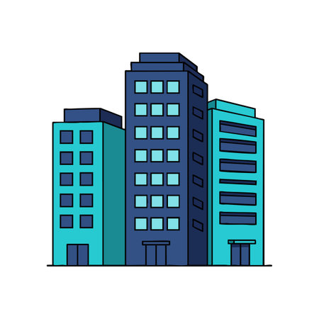 Illustration shows three modern office buildings in blue shades with multiple windows and doors, showcasing urban architecture style, calm mood.のイラスト素材