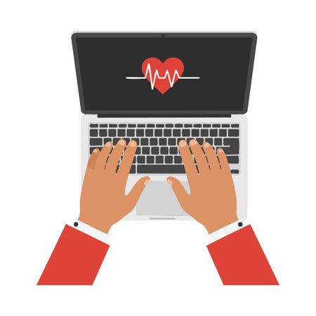 Illustration shows hands typing on laptop with heart and pulse monitor on screen representing healthcare technology, monitoring, and digital health concept. Calm mood.のイラスト素材