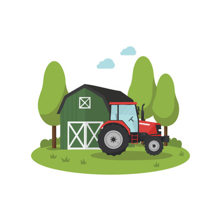 Vector illustration features a red tractor parked beside a green barn with trees and grass under a partly cloudy sky, depicting a peaceful rural scene. Calm mood.のイラスト素材