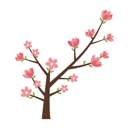 Vector illustration of a cherry blossom tree with pink flowers and green leaves representing spring in a simple style, calm and fresh.のイラスト素材