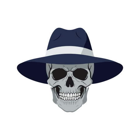 Vector illustration of a detailed skull wearing a dark blue hat with a light gray band, perfect for gothic or Halloween design projects, spooky mood.のイラスト素材