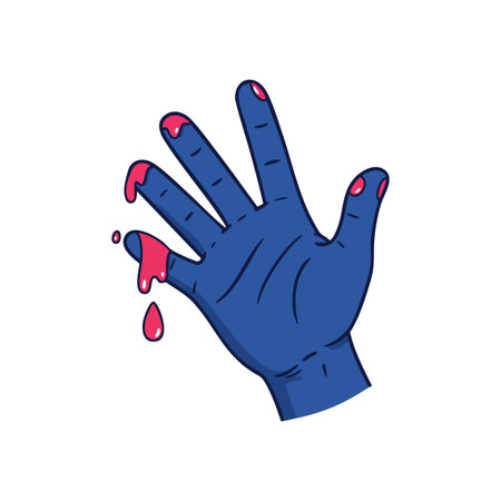 Illustration shows a blue hand with melting red paint dripping from fingers in a creative and colorful style. Artistic and imaginative mood.のイラスト素材